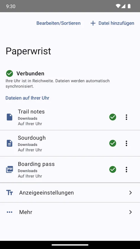 Paperwrist auf einem Android-Telefon mit der Liste der für die Uhr vorbereiteten Dokumente