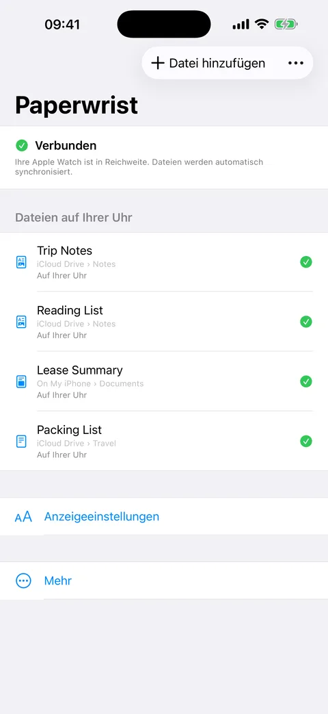 Paperwrist auf dem iPhone mit der Liste der für die Uhr vorbereiteten Dokumente und ihrem Sync-Status
