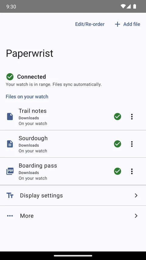 Paperwrist on an Android phone, listing the documents queued for the watch