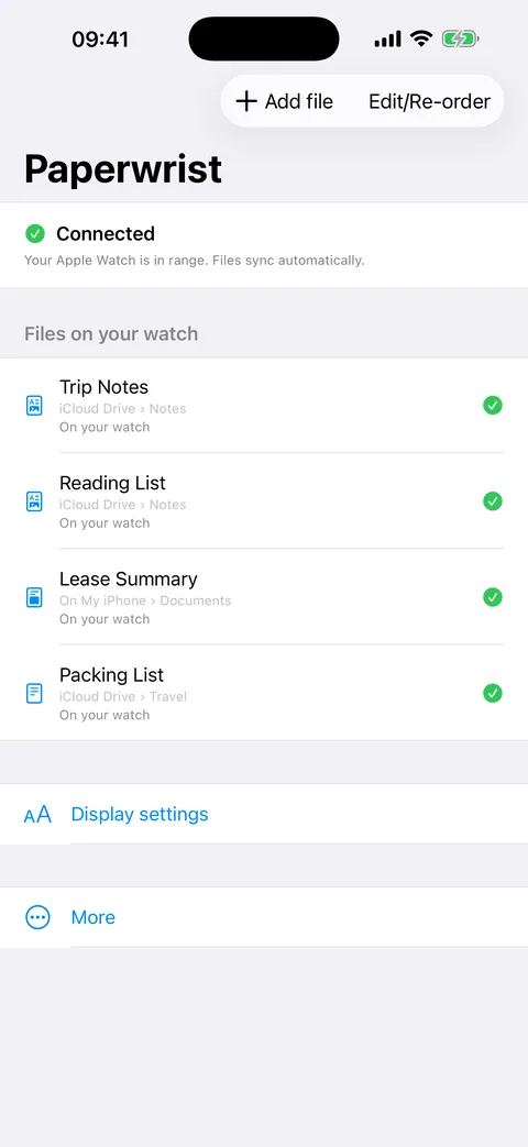 Paperwrist on iPhone, listing the documents queued for the watch and their sync state