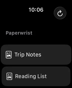Apple Watch running Paperwrist, showing a document being read on the wrist