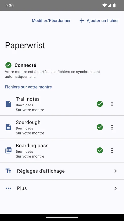 Paperwrist sur un téléphone Android, avec la liste des documents préparés pour la montre